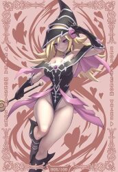 Rule 34 | 1girl, ankh, artist request, bare shoulders, black footwear, black gloves, black hat, blonde hair, blush stickers, boots, breasts, capelet, card (medium), cleavage, collar, collarbone, detached collar, duel monster, earrings, elbow gloves, full body, gloves, hat, heart, holding, holding staff, holding wand, jewelry, knee boots, large breasts, leotard, long hair, magi magi magician gal, off-shoulder leotard, purple capelet, purple eyes, solo, source request, staff, tattoo, third-party source, wand, wizard hat, yu-gi-oh!