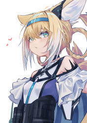 Rule 34 | 1girl, absurdres, animal ears, arknights, bare shoulders, blonde hair, blush, breasts, choker, fox ears, green eyes, hair rings, hairband, heart, heart hands, highres, infection monitor (arknights), material growth, multicolored hair, open mouth, oripathy lesion (arknights), simple background, small breasts, solo, suzuran (arknights), two-tone hair, upper body, white background, xiu kukkii