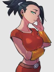 Rule 34 | 1girl, belt, black hair, breasts, crop top, dragon ball, dragon ball super, earrings, green eyes, grey background, jewelry, kale (dragon ball), kemachiku, midriff, parted lips, ponytail, red shirt, shirt, sideways glance, simple background, solo, upper body
