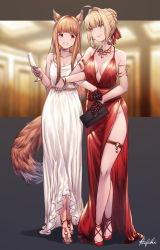 Rule 34 | 2girls, ahoge, alcohol, animal ear fluff, animal ears, armlet, armpit crease, backless dress, backless outfit, bag, bare arms, bare legs, bare shoulders, belt, black bag, black gloves, blonde hair, blunt bangs, blurry, blurry background, bow, bracelet, braid, braided bun, breasts, breasts apart, brown eyes, brown hair, champagne, champagne flute, choker, cleavage, closed mouth, collarbone, commentary, commission, cup, dress, drinking glass, earrings, evening gown, eyelashes, fate/extra, fate (series), formal, full body, gem, gloves, gown, green eyes, grey background, grin, groin, hair bow, hair bun, hair intakes, half gloves, halter dress, halterneck, handbag, high heels, holding, holding bag, holo, ivris, jewelry, lace, lace gloves, large breasts, locked arms, long hair, looking at another, multiple girls, necklace, nero claudius (fate), nero claudius (fate) (all), nero claudius (fate/extra), no bra, o-ring footwear, pearl (gemstone), plunging neckline, red bow, red dress, red footwear, short hair, side slit, sidelocks, signature, single hair bun, sleeveless, sleeveless dress, smile, spaghetti strap, spice and wolf, standing, strappy heels, tail, tareme, thighlet, toeless footwear, white dress, wife and wife, wolf ears, wolf girl, wolf tail