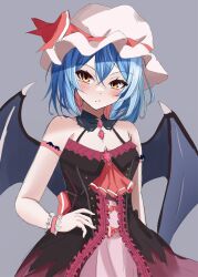 Rule 34 | 1girl, alternate costume, ascot, atory, bat wings, black dress, blue hair, closed mouth, commentary request, crossed bangs, detached collar, dress, grey background, hat, hat ribbon, looking at viewer, mob cap, red ascot, red eyes, red ribbon, remilia scarlet, ribbon, short hair, simple background, solo, touhou, white hat, wings, wrist cuffs