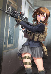 Rule 34 | 1girl, ammunition pouch, assault rifle, bayonet, black jacket, broken window, brown gloves, brown hair, closed mouth, daewoo k2, ear protection, gloves, grey skirt, gun, headset, holding, holding gun, holding weapon, indoors, jacket, knee pads, kws, long sleeves, looking away, looking to the side, original, pleated skirt, pouch, purple eyes, rifle, skirt, solo, standing, weapon, weapon request