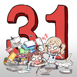 Rule 34 | 2girls, absurdres, angry, bang dream!, begging, binder, blonde hair, blush, book, book on head, book stack, brown hair, chibi, commentary request, crying, crying with eyes open, eraser, flying sweatdrops, full body, hair ornament, hanasakigawa school uniform, highres, ichigaya arisa, kyou (fr39), leg grab, long hair, multiple girls, o o, object on head, open mouth, paintbrush, paper, paper stack, pen, ruler, school uniform, short hair, star (symbol), star hair ornament, streaming tears, sweatdrop, tears, toyama kasumi, twintails, wavy mouth, white background, x hair ornament