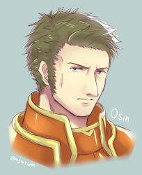 Rule 34 | 1boy, armor, artist name, brown eyes, brown hair, character name, fire emblem, fire emblem: the blazing blade, grey background, male focus, nintendo, oswin (fire emblem), portrait, simple background, solo