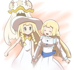 Rule 34 | 2girls, :d, alternate color, bare arms, buttons, closed eyes, closed mouth, collared dress, commentary request, creatures (company), dress, eyelashes, game freak, gen 7 pokemon, green eyes, happy, hat, highres, holding hands, lillie (pokemon), long sleeves, multiple girls, nihilego, nintendo, open mouth, pokemon, pokemon (anime), pokemon (creature), pokemon journeys, saon101, shiny pokemon, smile, split mouth, ultra beast, white dress, white headwear