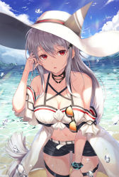 Rule 34 | 1girl, absurdres, arknights, bare shoulders, beach, bikini, bikini shorts, black shorts, blue sky, bracelet, breasts, choker, cleavage, cloud, commentary, day, unworn eyewear, fall (aki), hair between eyes, hair ornament, hand in own hair, hand up, hat, highres, jewelry, large breasts, lens flare, long hair, looking at viewer, midriff, navel, off-shoulder shirt, off shoulder, official alternate costume, outdoors, parted lips, red eyes, shirt, short shorts, short sleeves, shorts, silver hair, skadi (arknights), skadi (waverider) (arknights), sky, solo, stomach, sun hat, sunglasses, swimsuit, thigh strap, thighs, very long hair, water drop, wet, whale hair ornament, white shirt