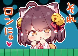 Rule 34 | 1girl, ahoge, alternate eye color, animal ears, bell, blue background, blush, brown hair, cat ears, cat girl, chibi, commentary request, eyes visible through hair, frilled sleeves, frills, hair bell, hair between eyes, hair ornament, highres, ichihime, japanese clothes, jingle bell, kimono, long sleeves, looking at viewer, mahjong, mahjong soul, mahjong tile, medium bangs, open mouth, orange eyes, outline, pink kimono, purapa, short hair, smile, smug, solo, translation request, upper body, white outline