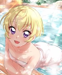 Rule 34 | 1girl, :d, aikatsu!, aikatsu! (series), bare arms, bare shoulders, blonde hair, blush, breasts, cleavage, collarbone, fang, hattori yu, highres, leaning forward, leaning on object, light blush, looking at viewer, looking up, open mouth, pool, purple eyes, sekina, short hair, small breasts, smile, solo, sunlight