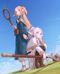 Rule 34 | 2girls, absurdres, blonde hair, blue capelet, blue dress, boots, capelet, cho gum, crossover, dress, dungeon meshi, elf, forehead, frieren, grey hair, half updo, highres, holding, holding staff, knee boots, looking at another, looking at viewer, marcille donato, multiple girls, outdoors, parted bangs, pointy ears, sideways glance, sousou no frieren, squatting, staff, standing, tiptoes, trait connection, twintails, white capelet, white dress