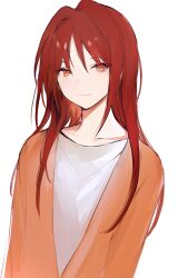Rule 34 | 1girl, closed mouth, collarbone, hair between eyes, jacket, long hair, looking at viewer, lpip, open clothes, open jacket, orange jacket, original, red eyes, red hair, shirt, simple background, smile, solo, upper body, very long hair, white background, white shirt