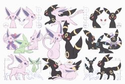 Rule 34 | alternate color, arrow (symbol), bad id, bad pixiv id, closed eyes, clothed pokemon, commentary request, creatures (company), espeon, game freak, gen 2 pokemon, gen 4 pokemon, height, highres, looking at viewer, looking back, mismagius, moco font, multiple views, nintendo, no humans, partially colored, pokemon, pokemon (creature), shiny and normal, shiny pokemon, standing, thought bubble, translation request, umbreon, weight, zzz