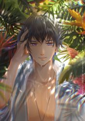 Rule 34 | 1boy, :d, absurdres, highres, jewelry, leaf, looking at viewer, male focus, marius von hagen (tears of themis), necklace, open clothes, open mouth, outdoors, plant, purple eyes, purple hair, shirt, short hair, smile, solo, summer, tears of themis, touming tomei, wet, wet clothes, wet hair, wet shirt, white shirt