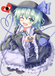 Rule 34 | 1girl, alternate costume, apron, black hat, black pantyhose, blue bow, bow, dress, eyeball, green dress, green eyes, green hair, grey background, hat, hat bow, hat ribbon, heart, heart-shaped pupils, heart hands, heart of string, highres, komeiji koishi, long sleeves, maid, one eye closed, open mouth, pantyhose, ribbon, smile, solo, string, symbol-shaped pupils, third eye, touhou, unory, wide sleeves