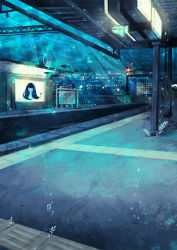 Rule 34 | absurdres, ad, aqua theme, black hair, bubble, building, cityscape, commentary request, closed eyes, fish, glowing, highres, long hair, no humans, no mouth, no nose, original, plant, power lines, scenery, shou (hanasakukoroni), sign, train station, underwater