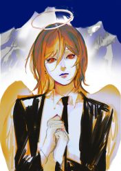 Rule 34 | 1boy, angel devil (chainsaw man), angel wings, black necktie, blue background, chainsaw man, collared shirt, formal, hair between eyes, halo, highres, long hair, looking at viewer, mountain, necktie, orange hair, own hands together, red eyes, shirt, shouka (ly880217), simple background, snow mountain, solo, suit, white shirt, white wings, wings
