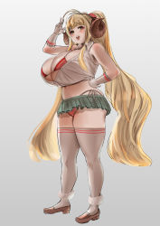 Rule 34 | 1girl, :d, absurdres, alternate costume, alternate hairstyle, anila (granblue fantasy), bikini, bikini under clothes, blonde hair, breasts, cleavage, cropped shirt, curvy, draph, full body, gloves, granblue fantasy, hand on own hip, highres, hikimayu, horns, huge breasts, loafers, long hair, micro bikini, microskirt, midriff, navel, open clothes, open mouth, open shirt, red bikini, sheep horns, shirt, shoes, shortstack, side-tie bikini bottom, sketch, skirt, sleeveless, sleeveless shirt, smile, solo, standing, swimsuit, thighhighs, twintails, v, very long hair, white background, white gloves, white shirt, white thighhighs, yellow eyes, yoki (gami1774)