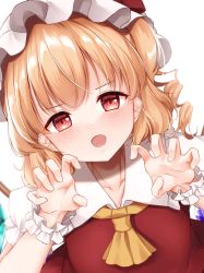 Rule 34 | 1girl, ascot, blonde hair, blush, claw pose, crystal, fang, flandre scarlet, frilled shirt collar, frills, hat, highres, looking at viewer, mob cap, mumu-crown, one side up, open mouth, puffy short sleeves, puffy sleeves, red eyes, red vest, shirt, short sleeves, solo, touhou, upper body, vest, white background, white hat, white shirt, wings, wrist cuffs