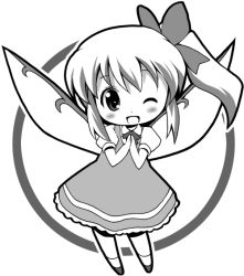 Rule 34 | 1girl, blush, bow, chibi, daiyousei, dress, embodiment of scarlet devil, female focus, greyscale, hair bow, michii yuuki, monochrome, one eye closed, open mouth, own hands together, side ponytail, smile, solo, touhou, wings