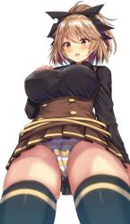 Rule 34 | 1girl, ahoge, black ribbon, black shirt, black thighhighs, blonde hair, blush, breasts, brown skirt, brown vest, cameltoe, cleft of venus, commentary request, cowboy shot, ebi 193, from below, hair between eyes, hair ribbon, half updo, hand on own breast, hand on own chest, kurodani yamame, large breasts, long sleeves, looking at viewer, microskirt, open mouth, panties, pantyshot, pleated skirt, red eyes, ribbon, shirt, short hair, simple background, skindentation, skirt, solo, standing, striped clothes, striped panties, thighhighs, thighs, touhou, underwear, vest, white background, white panties, yellow panties, yellow ribbon