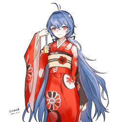 Rule 34 | 1girl, ahoge, blue hair, closed mouth, dated, girls&#039; frontline, hair ribbon, highres, japanese clothes, kimono, long hair, looking at viewer, official alternate costume, red eyes, red kimono, ribbon, sakatakin, shipka (girls&#039; frontline), shipka (when writing a new poem) (girls&#039; frontline), smile, solo, standing, very long hair, white background