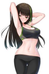 Rule 34 | &gt;:(, 1girl, absurdres, armpits, arms behind head, arms up, black pants, blush, breasts, brown hair, closed mouth, commentary, commission, cowboy shot, english commentary, girls&#039; frontline, gluteal fold, green hair, groin, highres, large breasts, looking at viewer, m4a1 (girls&#039; frontline), multicolored hair, narrow waist, navel, pants, simple background, solo, sports bra, stomach, strap gap, streaked hair, two-tone hair, v-shaped eyebrows, white background, yellow eyes, yoga pants, z.taiga