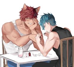 Rule 34 | 2boys, animal ears, aphelios, bara, black nails, black tank top, blue hair, blue pants, blush, brown hair, closed eyes, couple, heartsteel (league of legends), heartsteel aphelios, heartsteel sett, highres, holding, large pectorals, league of legends, male focus, manicure, multiple boys, muscular, muscular male, nail polish, nail polish brush, painting nails, pants, pectorals, scar, scar on face, scar on nose, sett (league of legends), short hair, tank top, teeth, tzar game, white tank top, yaoi