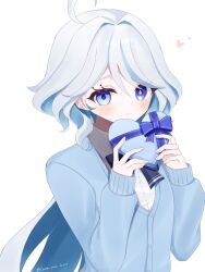 Rule 34 | 1girl, ahoge, blue bow, blue bowtie, blue cardigan, blue eyes, blue hair, blush, bow, bowtie, box, box of chocolates, cardigan, collared shirt, colored inner hair, commentary, dot nose, furina (genshin impact), genshin impact, gift, grey hair, hair between eyes, hair intakes, hands up, heart, heart-shaped box, heterochromia, highres, holding, holding gift, kino (curry pan), long hair, looking at viewer, multicolored hair, purple eyes, shirt, sidelocks, signature, simple background, solo, symbol-only commentary, upper body, valentine, very long hair, white background, white shirt
