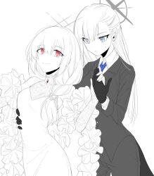 Rule 34 | 2girls, arikalovesyou2, atsuko (blue archive), black gloves, blue archive, blue eyes, blue necktie, braid, dress, gloves, greyscale, hair over shoulder, halo, hand on another&#039;s chest, highres, long hair, monochrome, multiple girls, necktie, red brooch, saori (blue archive), single braid, spot color, tuxedo, white background