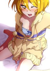 Rule 34 | 10s, 1girl, barefoot, blonde hair, blue bra, blush, bra, breasts, commentary request, hayashi keita, highres, hugtto! precure, kagayaki homare, looking at viewer, one eye closed, open mouth, orange eyes, precure, short hair, sitting, small breasts, solo, tears, underwear, yawning