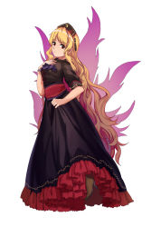 Rule 34 | 1girl, absurdres, adapted costume, ascot, black dress, black footwear, black hat, blonde hair, brown pantyhose, closed mouth, crescent, dress, energy, full body, furahata gen, hand on own chest, hat, high heels, highres, junko (touhou), long hair, looking at viewer, pantyhose, petticoat, purple ascot, red eyes, sash, shoes, short sleeves, simple background, skirt hold, solo, standing, tassel, touhou, very long hair, wavy hair, white background
