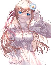 Rule 34 | 1girl, blue eyes, clothing cutout, collarbone, dress, final fantasy, final fantasy xiv, flower, hair flower, hair ornament, hair ribbon, tucking hair, hand up, highres, long hair, long sleeves, looking at viewer, nehan (gedatsu nehan), open mouth, orange hair, puffy long sleeves, puffy sleeves, ribbon, ryne waters, shoulder cutout, simple background, smile, solo, upper body, white background, white dress