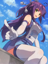 Rule 34 | 1girl, ahoge, bare shoulders, blue shirt, blue skirt, blue sky, chiharu (9654784), cloud, cloudy sky, commentary request, elbow gloves, from below, gloves, green eyes, hair ornament, highres, index finger raised, long hair, looking at viewer, open mouth, original, outdoors, pleated skirt, purple hair, shirt, sitting, skirt, sky, sleeveless, sleeveless shirt, smile, solo, teeth, thighhighs, two-tone shirt, upper teeth only, very long hair, white gloves, white thighhighs, zettai ryouiki