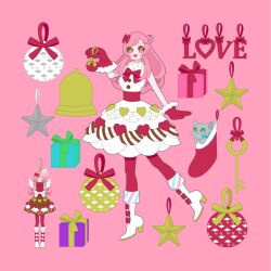 Rule 34 | 1girl, :d, ayase naru, bell, boots, box, brown eyes, christmas, christmas ornaments, christmas star, christmas stocking, dress, full body, fur-trimmed gloves, fur trim, gift, gift box, gloves, heart, heart print, high heel boots, high heels, highres, holding, key, knee boots, long hair, looking at viewer, nyaasechan, open mouth, pink background, pink hair, pretty rhythm, pretty rhythm rainbow live, pretty series, red gloves, smile, solo, standing, star (symbol), white dress, white footwear
