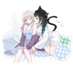 Rule 34 | 2girls, animal ears, bed, black hair, blonde hair, blue dress, blush, braid, breasts, brown sweater, cat ears, cat girl, cat tail, cleavage, dress, elreyiens, green hair, hand in another&#039;s hair, hand on another&#039;s thigh, kemonomimi mode, looking to the side, medium breasts, multicolored hair, multiple girls, nijisanji, nijisanji kr, one eye closed, open clothes, open shirt, pillow, purple eyes, shin yuya, shirt, sitting, so nagi, streaked hair, sweater, tail, virtual youtuber, white shirt, yuri