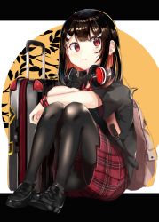 Rule 34 | 1girl, absurdres, ass, backpack, bag, black footwear, black hair, black pantyhose, black shirt, blush, colored inner hair, commentary request, crossed arms, hair ornament, hairclip, headphones, headphones around neck, highres, loafers, multicolored hair, orange hair, original, pantyhose, parted lips, plaid, plaid skirt, pleated skirt, ranf, red eyes, red skirt, rolling suitcase, shirt, shoes, short sleeves, sitting, skirt, solo, suitcase, two-tone hair, wide sleeves