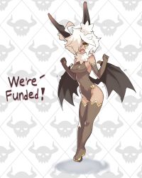 Rule 34 | 1girl, :d, ahoge, animal ear fluff, animal ears, bat ears, bat wings, boots, breasts, brown footwear, brown gloves, brown leotard, celebration, commentary, covered navel, draculina (vins-mousseux), elbow gloves, english commentary, fangs, fur collar, gloves, hair over one eye, highres, leotard, looking at viewer, medium breasts, one eye covered, open mouth, original, skull print, slit pupils, smile, solo, thigh boots, thighhighs, vins-mousseux, white hair, wings, yellow eyes
