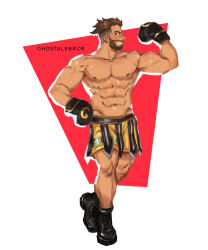Rule 34 | 1boy, abs, bara, beard, blue eyes, boxing gloves, boxing shorts, brown hair, facial hair, full beard, ghostalebrije, large pectorals, male focus, muscular, muscular male, navel, nipples, oc (felixnosi), orange shorts, original, pectorals, profile, short hair, shorts, solo, stomach, thick eyebrows, topless male, undercut
