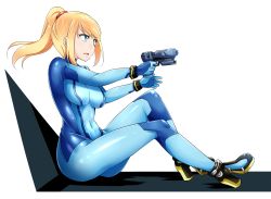 Rule 34 | 1girl, blonde hair, blue bodysuit, blue eyes, bodysuit, boots, breasts, commentary, covered navel, from side, gun, hair tie, high heel boots, high heels, holding, holding gun, holding weapon, impossible bodysuit, impossible clothes, kitayama miuki, legs, light frown, medium breasts, metroid, nintendo, parted lips, samus aran, skin tight, solo, weapon, white background, zero suit
