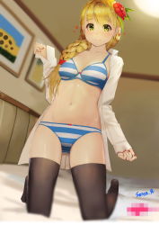 Rule 34 | 1girl, artist name, bad id, bad pixiv id, bed, black thighhighs, blonde hair, blurry, blush, bow, bow panties, bra, braid, breasts, censored, closed mouth, collarbone, crotch, depth of field, dress shirt, flower, green eyes, hair flower, hair ornament, heart, indoors, jellytits-7, kneeling, light smile, long hair, looking at another, looking at viewer, medium breasts, mosaic censoring, nail polish, navel, open clothes, open shirt, original, panties, red nails, shirt, signature, sleeves past wrists, smile, solo, striped bra, striped clothes, striped panties, thigh gap, thighhighs, thighs, underwear