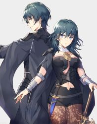 Rule 34 | 1boy, 1girl, armor, back-to-back, black cape, black shorts, blue eyes, blue hair, boots, breasts, brown pantyhose, byleth (female) (fire emblem), byleth (fire emblem), byleth (male) (fire emblem), cape, closed mouth, commentary request, cowboy shot, fire emblem, fire emblem: three houses, grey background, hair between eyes, height difference, high heel boots, high heels, highres, kikugetsu, long hair, looking at viewer, looking back, medium breasts, navel, nintendo, pantyhose, pantyhose under shorts, parted lips, serious, short shorts, shorts, shoulder armor, simple background, thigh gap, v-shaped eyebrows, wrist guards