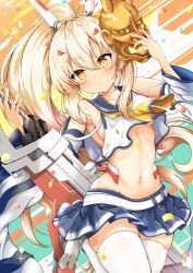 Rule 34 | absurdres, ayanami (azur lane), azur lane, bare shoulders, belt, blonde hair, blue sailor collar, blue skirt, blush, breasts, collarbone, commentary, crop top, crop top overhang, detached sleeves, hair between eyes, head tilt, headgear, highres, holding, holding mask, holding weapon, huge filesize, leg up, long hair, long sleeves, looking at viewer, mask, midriff, miniskirt, navel, neckerchief, oni mask, pleated skirt, ponytail, retrofit (azur lane), rudder footwear, sailor collar, shirt, sidelocks, skirt, small breasts, solo, standing, standing on one leg, sword, thighhighs, tied shirt, weapon, white belt, white thighhighs, wide sleeves, yashita saki, yellow eyes, yellow neckerchief