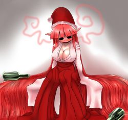 Rule 34 | 1girl, absurdly long hair, akirame miko, bad id, bad pixiv id, bottle, breasts, cleavage, drunk, empty eyes, futaba channel, hakama, hakama skirt, hat, japanese clothes, kuma (kumahoihoi), large breasts, long hair, miko, monster girl, pointy ears, red hair, red hakama, roofies, santa hat, skirt, solo, very long hair, what, yggr, you gonna get raped