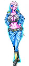 Rule 34 | 1girl, belt, bob cut, boots, breasts, cleavage, cleavage cutout, clothing cutout, colored skin, covered erect nipples, denim, dyed hair, female focus, groin, hands on own hips, jacket, jeans, large breasts, looking at viewer, midriff, millia centuria, navel, nipples, original, pants, pink eyes, pink hair, pink skin, short hair, simple background, smile, solo, standing, star cutout, star wars, white background, zeltron