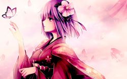 Rule 34 | 1girl, bug, butterfly, camellia, female focus, flower, gradient background, hagiwara rin, hair flower, hair ornament, hieda no akyuu, insect, japanese clothes, pink eyes, pink hair, solo, touhou