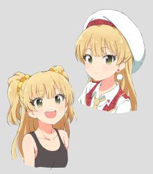 Rule 34 | 10s, 1girl, :d, alternate hairstyle, bare shoulders, blonde hair, blunt bangs, blush, closed mouth, collarbone, collared shirt, commentary request, earrings, eyelashes, fang, flat chest, green eyes, grey background, hair bobbles, hair ornament, hat, heart, heart earrings, highres, idolmaster, idolmaster cinderella girls, jewelry, jougasaki rika, long hair, looking at viewer, multiple views, necktie, open mouth, plaid, plaid vest, red vest, round teeth, shirt, simple background, sleeveless, smile, teeth, two side up, upper body, vest, villdona, white hat, white shirt, wing collar, yellow necktie
