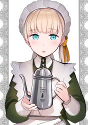 Rule 34 | 1girl, :o, alternate costume, apron, blonde hair, blue eyes, dress, enmaided, green dress, hair ribbon, highres, holding kettle, kantai collection, kettle, looking at viewer, maid, maid apron, maid headdress, ribbon, shin&#039;you (kancolle), side ponytail, solo, upper body, yellow ribbon, yunamaro
