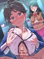 Rule 34 | 1boy, 2girls, bar censor, black hair, blazer, blue eyes, blue jacket, blush, boris (noborhys), bow, bowtie, breasts, breasts squeezed together, brown sweater, buttons, censored, cleavage, collared shirt, commentary request, cum, cum on body, cum on breasts, cum on upper body, dress shirt, earrings, ejaculation, fire emblem, glasses, grey eyes, hair ornament, hairclip, heart, heart earrings, hetero, highres, jacket, jewelry, large breasts, long hair, looking at viewer, mole, mole under eye, multiple girls, open clothes, open jacket, open mouth, oribe tsubasa, paizuri, paizuri under clothes, parted bangs, partially unbuttoned, penis, pink skirt, ponytail, red neckwear, shimazaki maiko, shirt, skirt, smile, sweater, swept bangs, tokyo mirage sessions fe, white shirt