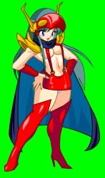 Rule 34 | 1990s (style), 1girl, blue eyes, blush, boots, breasts, cape, cleavage, genji tsuushin agedama, green hair, head-mounted display, high heel boots, high heels, jyb unknown, kuki rei, long hair, microskirt, navel, open mouth, panties, retro artstyle, revealing clothes, shoulder pads, skirt, solo, thighhighs, underwear