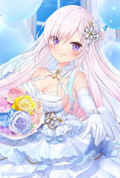 Rule 34 | 1girl, airani iofifteen, balloon, blue flower, blue hair, blurry, blurry background, blush, bouquet, bracelet, breasts, bridal veil, cleavage, crescent, crescent hair ornament, dress, elbow gloves, flower, frilled dress, frills, gloves, gradient hair, hair bun, hair ornament, hololive, hololive indonesia, indoors, jewelry, large breasts, looking at viewer, multicolored hair, night, night sky, official art, pink flower, pink hair, purple eyes, sky, solo, veil, virtual youtuber, wedding dress, white dress, white gloves, window, wings, yano mitsuki (nanairo), yellow flower