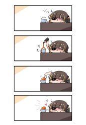 Rule 34 | alcohol, blush, brown hair, comic, desk, eating, eyepatch, closed eyes, food, girls&#039; frontline, heart, highres, jack daniel&#039;s, lying on object, m16a1 (girls&#039; frontline), meow nyang, nyang meow, open mouth, pouring, rice, silent comic, silverware, triangle mouth